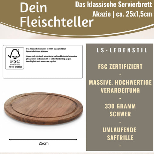 KI-generiertes Bild,Holz Fleischteller Servierteller 25cm Akazie Rund Schneidebrett Vesperbrett