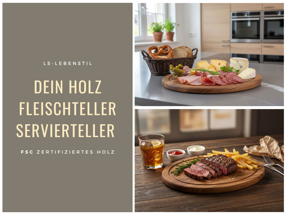 KI-generiertes Bild,Holz Fleischteller Servierteller 30cm Akazie Rund Schneidebrett Vesperbrett