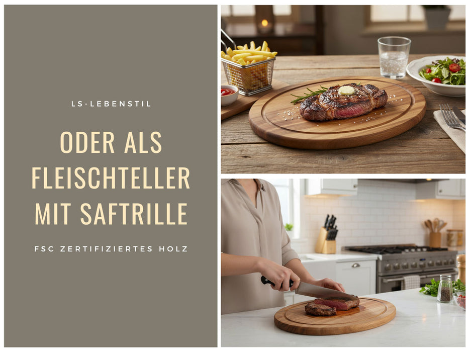 KI-generiertes Bild,Holz Fleischteller Servierteller 25cm Akazie Rund Schneidebrett Vesperbrett