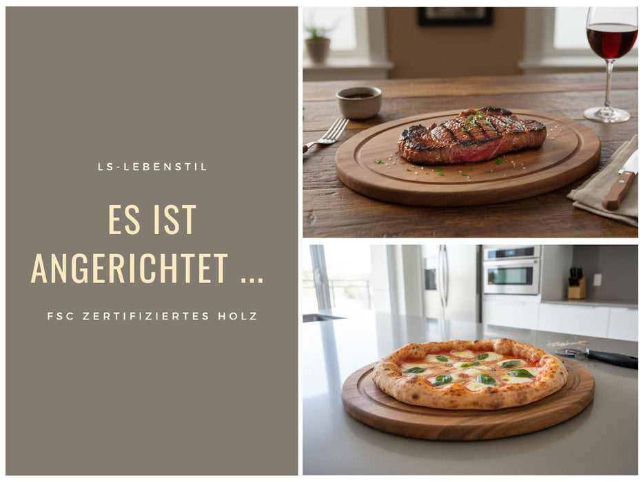 Holz Fleischteller Servierteller 30cm Akazie Rund Schneidebrett Vesperbrett