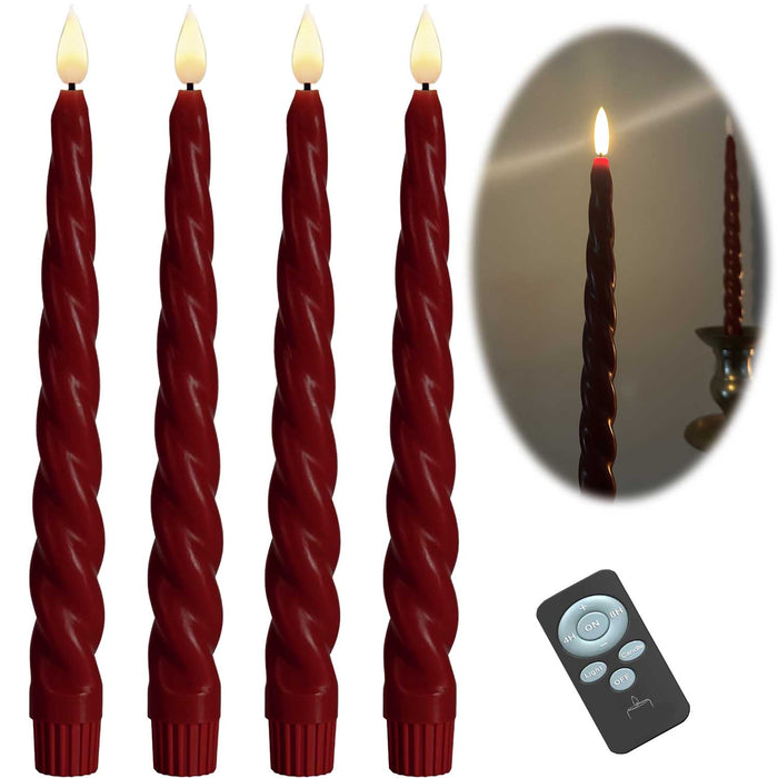 LED 3D Stabkerzen Ribe 4´er Set Rot gedreht 26cm Timer Fernbedienung flackernde Kerze
