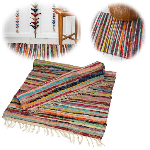 KI-generiertes Bild Fleckerlteppich Dehli 90x60cm Bunt Regenbogen Baumwolle Boho Flickenteppich Fransen