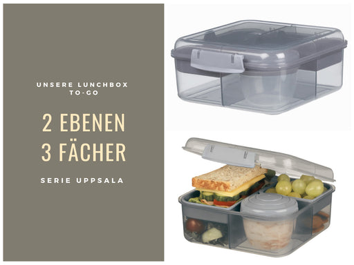 Bento Box Lunchbox Kunststoff Grau 3 Fächer 2 Ebenen Frühstücksbox Brotdose