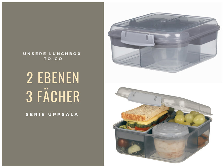 Bento Box Lunchbox Kunststoff Grau 3 Fächer 2 Ebenen Frühstücksbox Brotdose