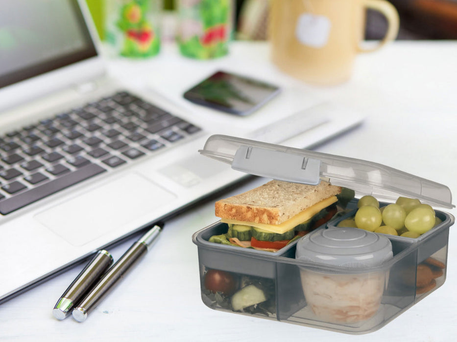 Bento Box Lunchbox Kunststoff Grau 3 Fächer 2 Ebenen Frühstücksbox Brotdose