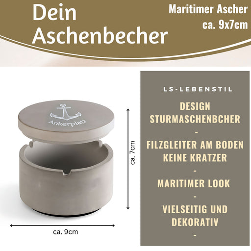 KI-generiertes Bild,Beton Sturmaschenbecher Ankerplatz 9x7cm Maritim Grau Aschenbecher mit Deckel
