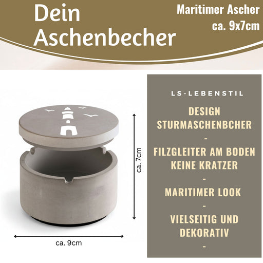 Beton Sturmaschenbecher Leuchtturm 9x7cm Maritim Grau Aschenbecher mit Deckel