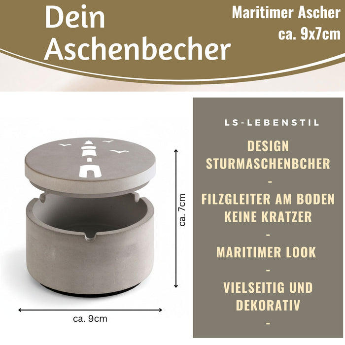 Beton Sturmaschenbecher Leuchtturm 9x7cm Maritim Grau Aschenbecher mit Deckel