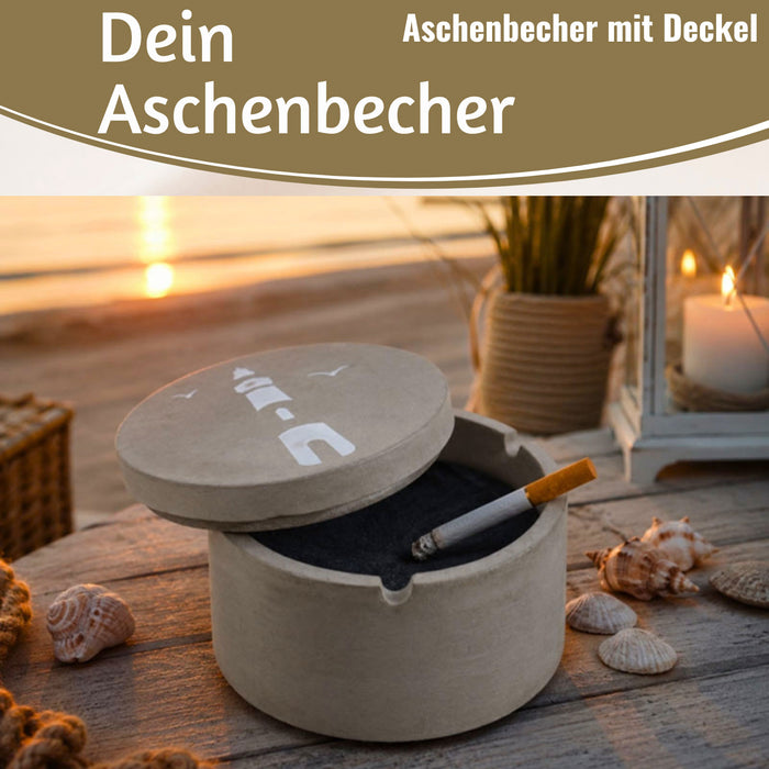 KI-generiertes Bild,Beton Sturmaschenbecher Leuchtturm 9x7cm Maritim Grau Aschenbecher mit Deckel