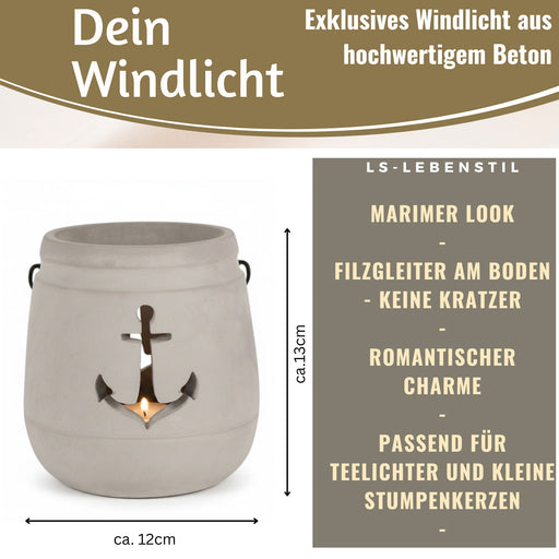 Beton Windlicht Anker 13cm Shabby Grau Maritim Teelichthalter Kerzenhalter