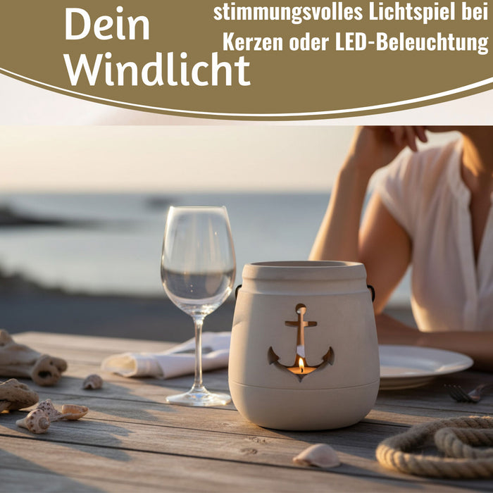 Beton Windlicht Anker 13cm Shabby Grau Maritim Teelichthalter Kerzenhalter