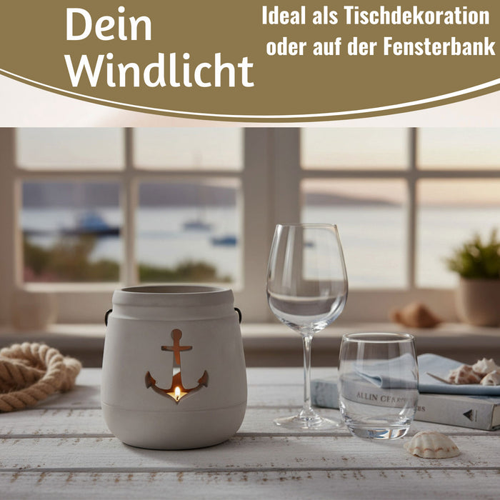 Beton Windlicht Anker 13cm Shabby Grau Maritim Teelichthalter Kerzenhalter