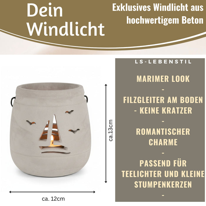 Beton Windlicht Segelboot 13cm Shabby Grau Maritim Teelichthalter Kerzenhalter