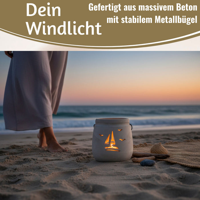 Beton Windlicht Segelboot 13cm Shabby Grau Maritim Teelichthalter Kerzenhalter