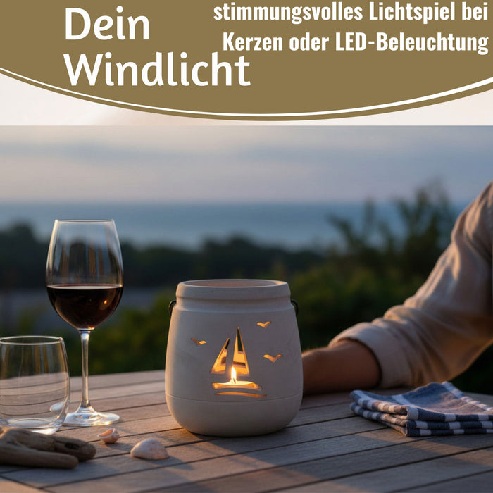 Beton Windlicht Segelboot 13cm Shabby Grau Maritim Teelichthalter Kerzenhalter