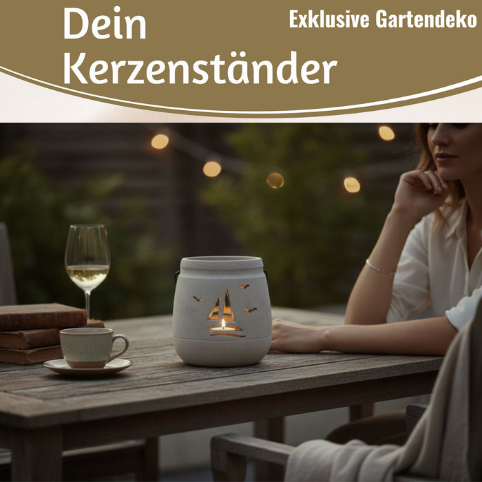 Beton Windlicht Segelboot 13cm Shabby Grau Maritim Teelichthalter Kerzenhalter