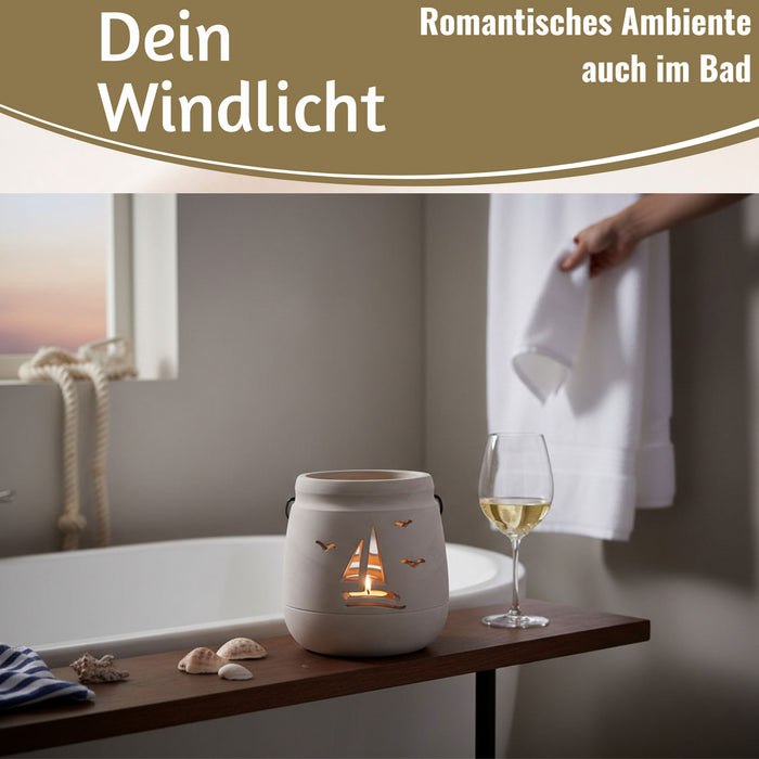 Beton Windlicht Segelboot 13cm Shabby Grau Maritim Teelichthalter Kerzenhalter