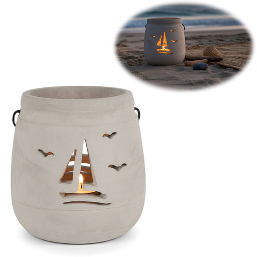 Beton Windlicht Segelboot 13cm Shabby Grau Maritim Teelichthalter Kerzenhalter