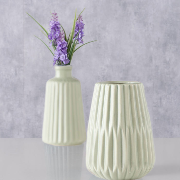 Nordic Blumen-Vase Oslo 2´er Set Creme Grün Keramik Tisch-Vase Pampasgras