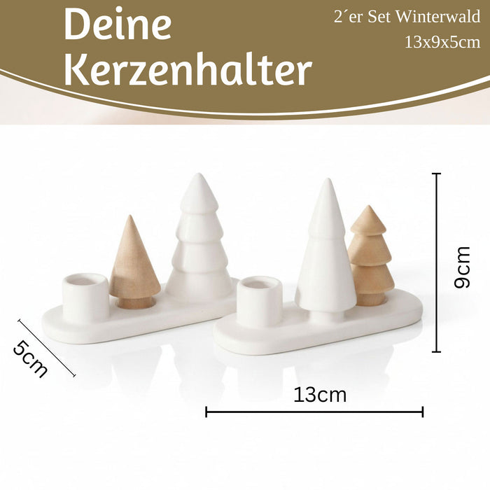 Kerzenständer Keramik 13cm 2´er Set Winterwald Braun Weiß Stabkerzen Kerzenhalter