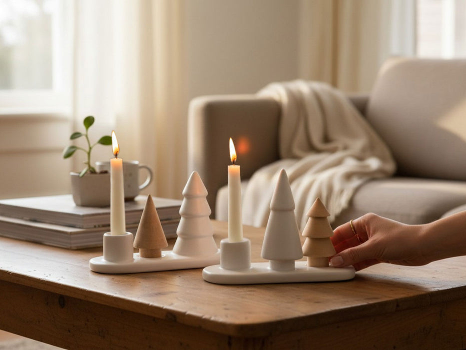 Kerzenständer Keramik 13cm 2´er Set Winterwald Braun Weiß Stabkerzen Kerzenhalter