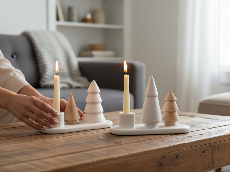 Kerzenständer Keramik 13cm 2´er Set Winterwald Braun Weiß Stabkerzen Kerzenhalter