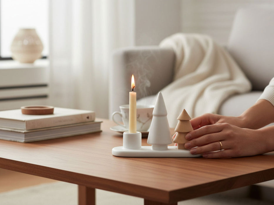 Kerzenständer Keramik 13cm 2´er Set Winterwald Braun Weiß Stabkerzen Kerzenhalter