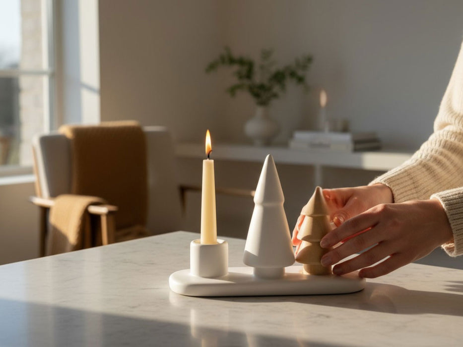 Kerzenständer Keramik 13cm 2´er Set Winterwald Braun Weiß Stabkerzen Kerzenhalter