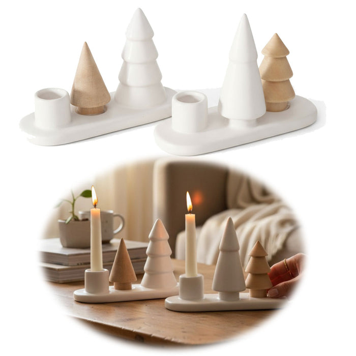 Kerzenständer Keramik 13cm 2´er Set Winterwald Braun Weiß Stabkerzen Kerzenhalter