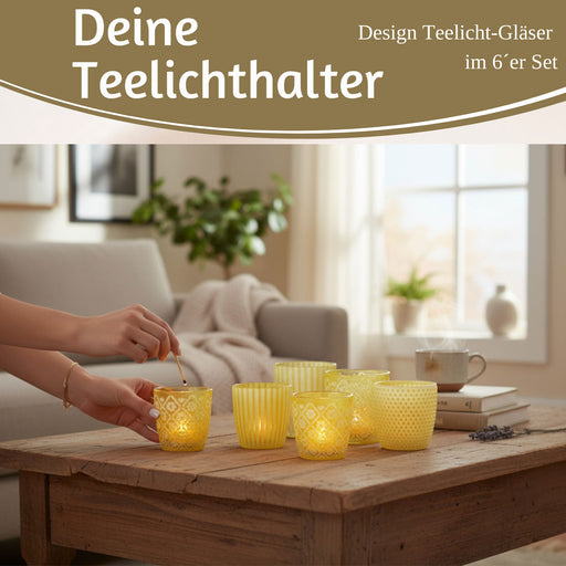 KI-generiertes Bild,6x Glas Teelichthalter Retro Gelb 7-9cm Set Windlicht-Halter Kerzenständer