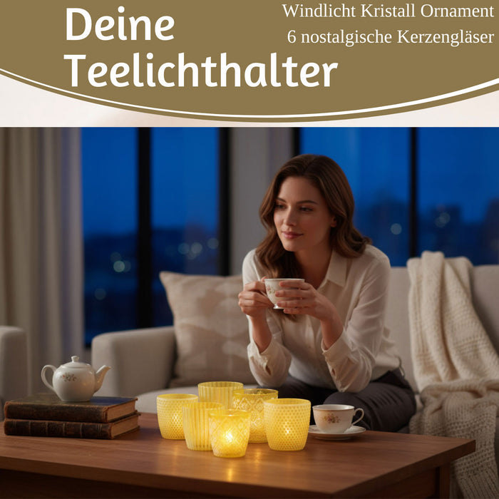 6x Glas Teelichthalter Retro Gelb 7-9cm Set Windlicht-Halter Kerzenständer