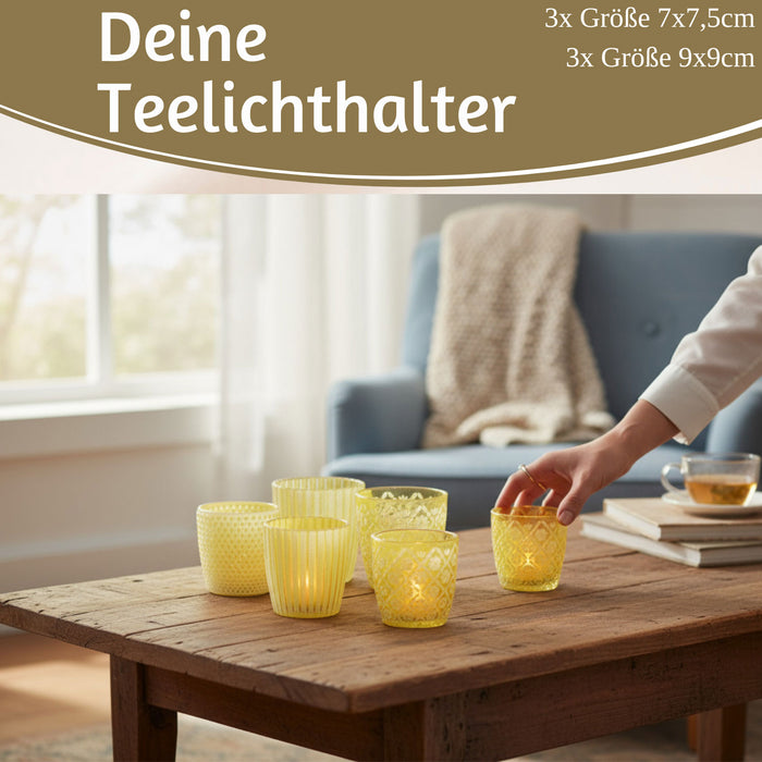 6x Glas Teelichthalter Retro Gelb 7-9cm Set Windlicht-Halter Kerzenständer