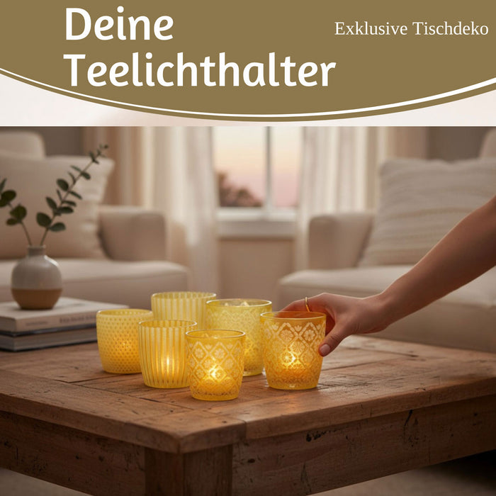 6x Glas Teelichthalter Retro Gelb 7-9cm Set Windlicht-Halter Kerzenständer