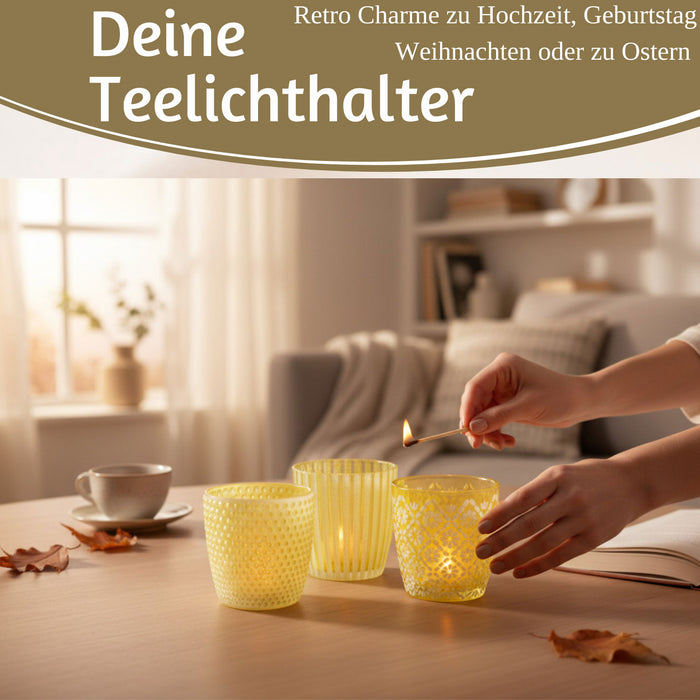 6x Glas Teelichthalter Retro Gelb 7-9cm Set Windlicht-Halter Kerzenständer