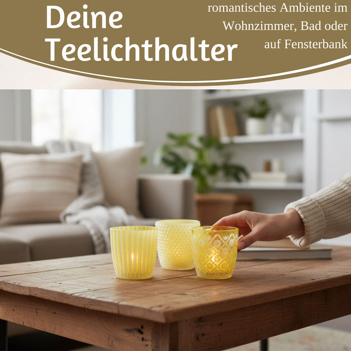6x Glas Teelichthalter Retro Gelb 7-9cm Set Windlicht-Halter Kerzenständer