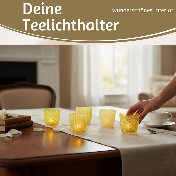 6x Glas Teelichthalter Retro Gelb 7-9cm Set Windlicht-Halter Kerzenständer