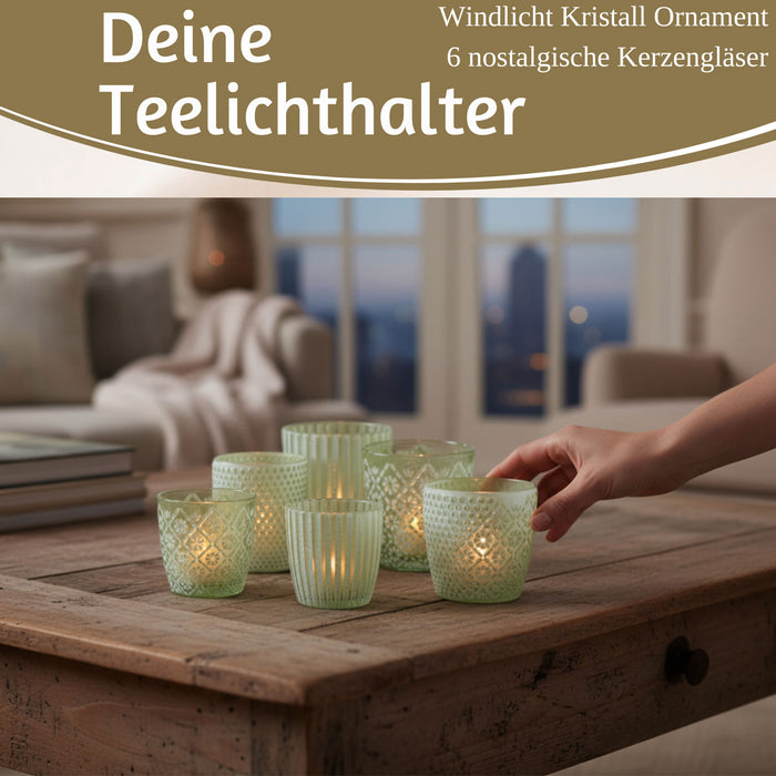 6x Glas Teelichthalter Retro Grün Weiß 7-9cm Set Windlicht-Halter Kerzenständer