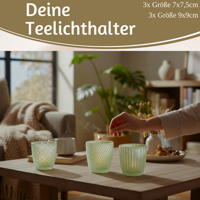 6x Glas Teelichthalter Retro Grün Weiß 7-9cm Set Windlicht-Halter Kerzenständer