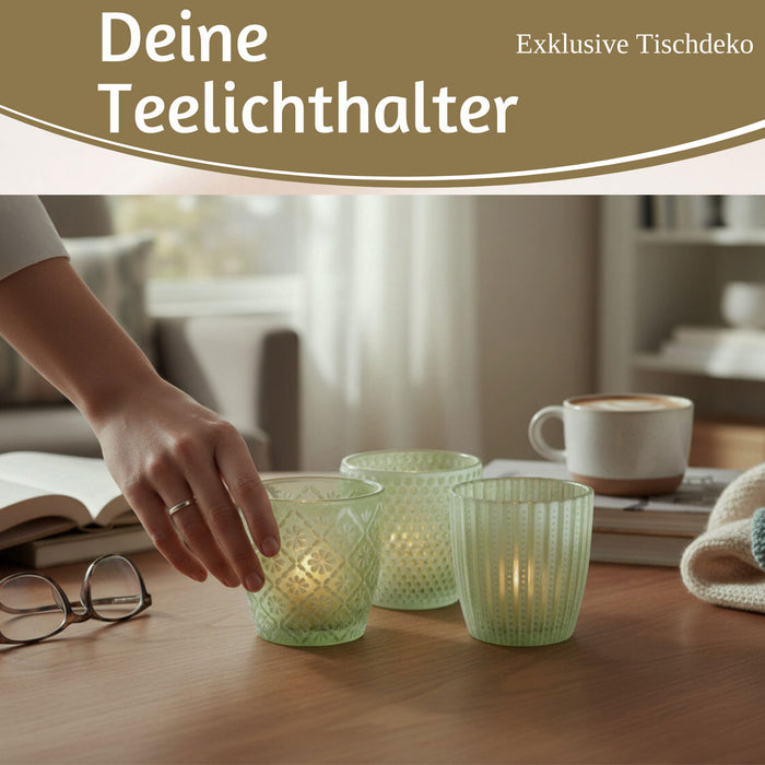 6x Glas Teelichthalter Retro Grün Weiß 7-9cm Set Windlicht-Halter Kerzenständer