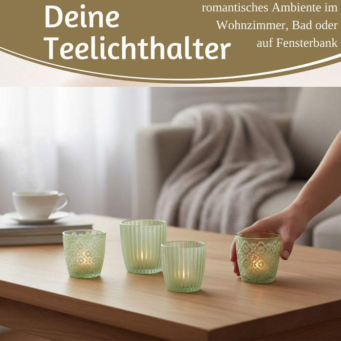 6x Glas Teelichthalter Retro Grün Weiß 7-9cm Set Windlicht-Halter Kerzenständer