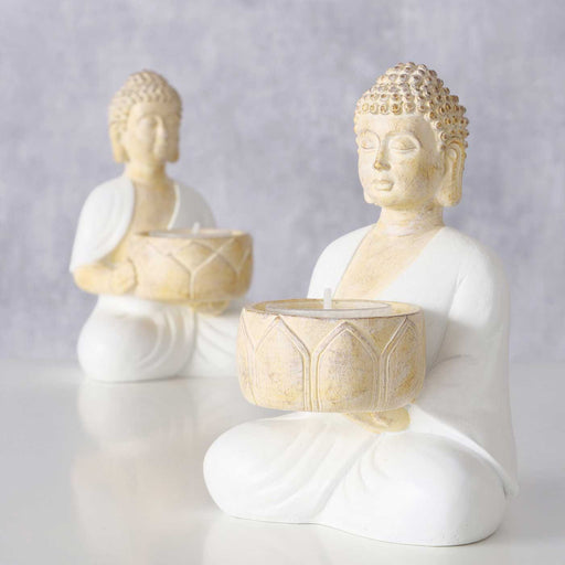 2´er Set Teelichthalter Buddha Statuen 15cm Beige Weiß Figuren sitzend Teelichtständer