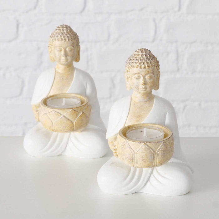 2´er Set Teelichthalter Buddha Statuen 15cm Beige Weiß Figuren sitzend Teelichtständer