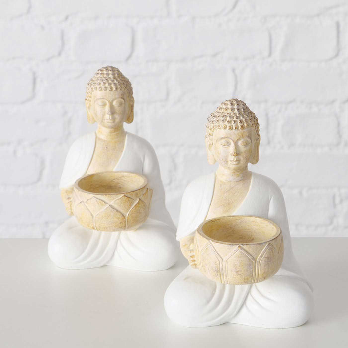 2´er Set Teelichthalter Buddha Statuen 15cm Beige Weiß Figuren sitzend Teelichtständer