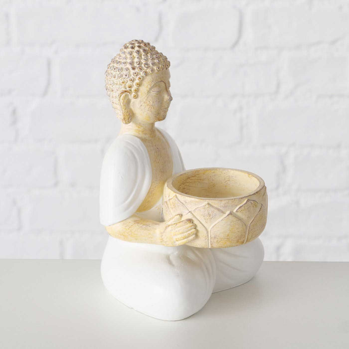 2´er Set Teelichthalter Buddha Statuen 15cm Beige Weiß Figuren sitzend Teelichtständer