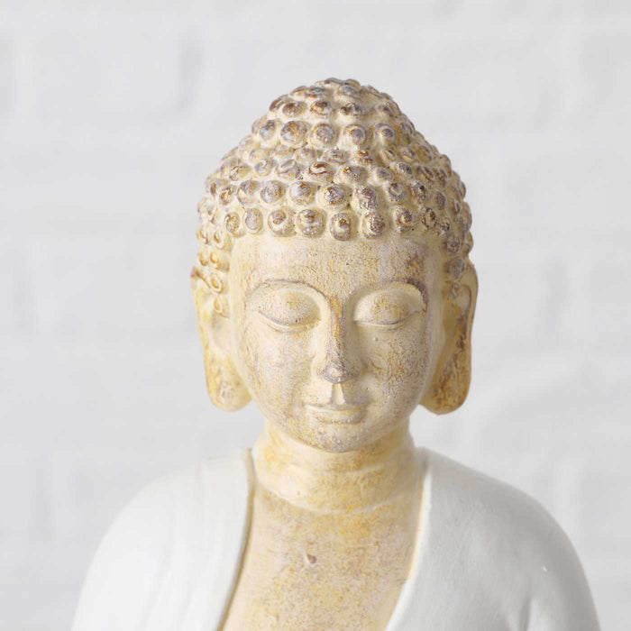 2´er Set Teelichthalter Buddha Statuen 15cm Beige Weiß Figuren sitzend Teelichtständer