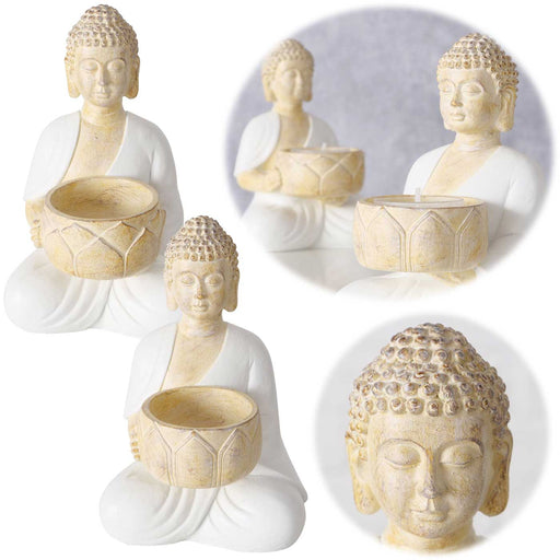 2´er Set Teelichthalter Buddha Statuen 15cm Beige Weiß Figuren sitzend Teelichtständer