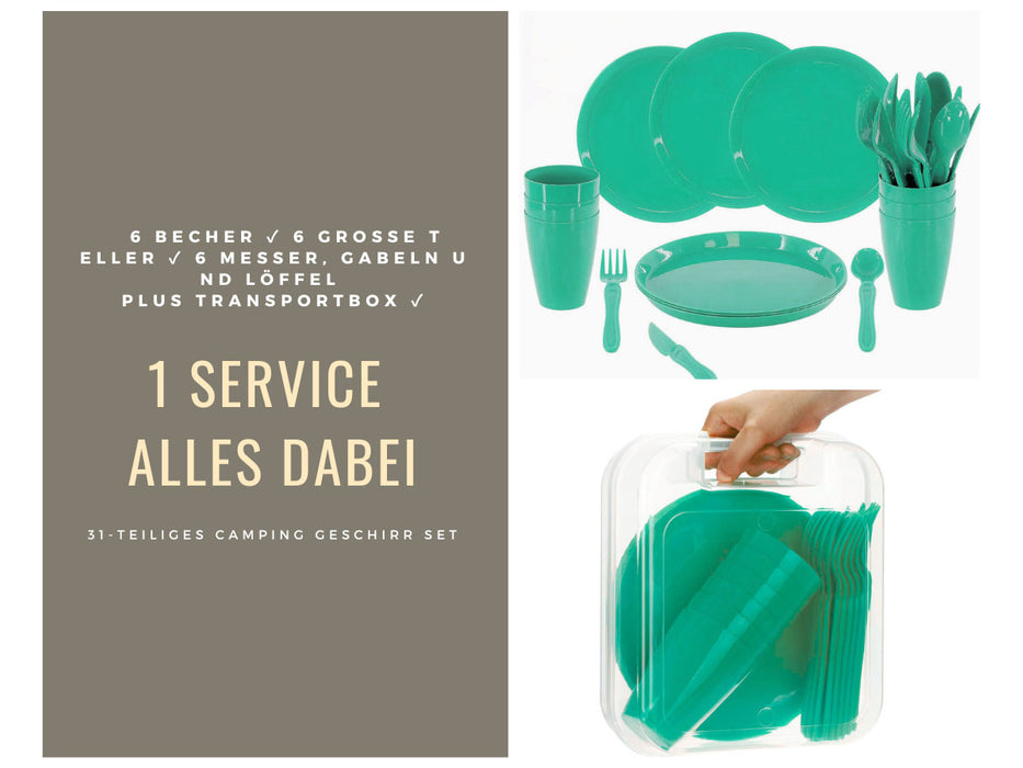 31-teiliges Picknick-Set Grün Geschirr Picknickkorb Mehrweggeschirr 6 Personen