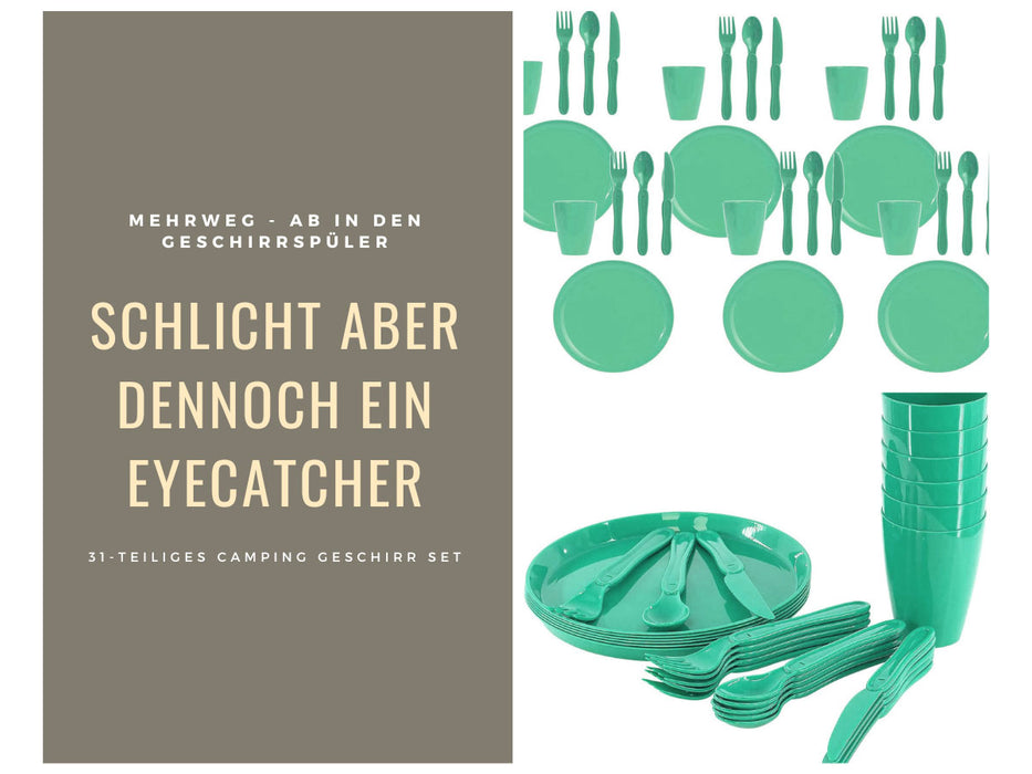 31-teiliges Picknick-Set Grün Geschirr Picknickkorb Mehrweggeschirr 6 Personen