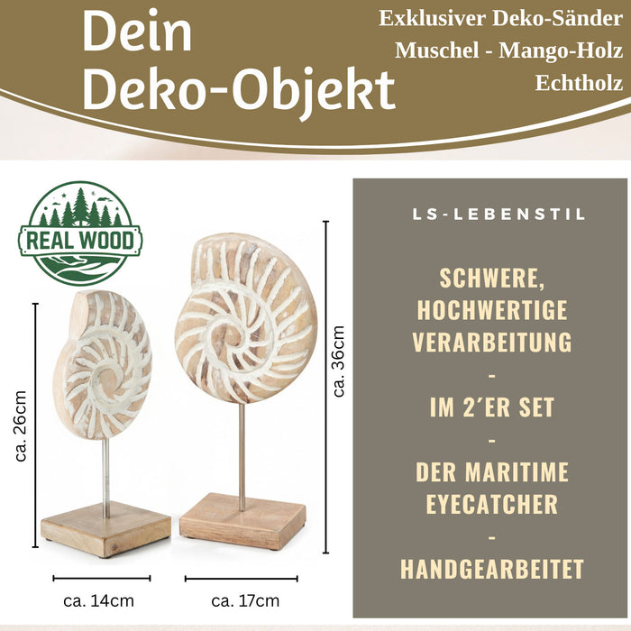 Deko Objekt Set 2x Muscheln Sylt Mango Holz Sockel Säule Maritim Grau Weiß