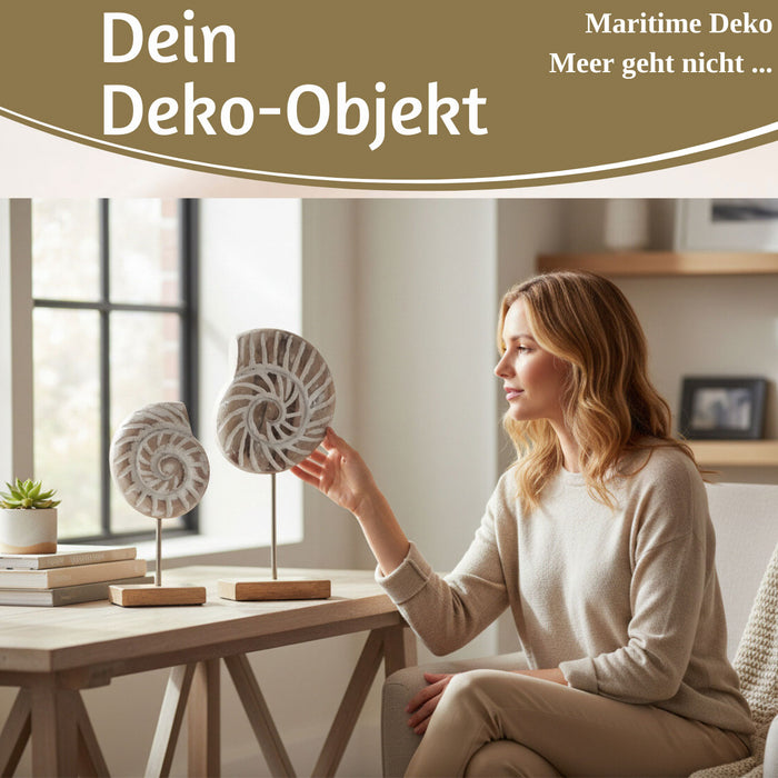 Deko Objekt Set 2x Muscheln Sylt Mango Holz Sockel Säule Maritim Grau Weiß